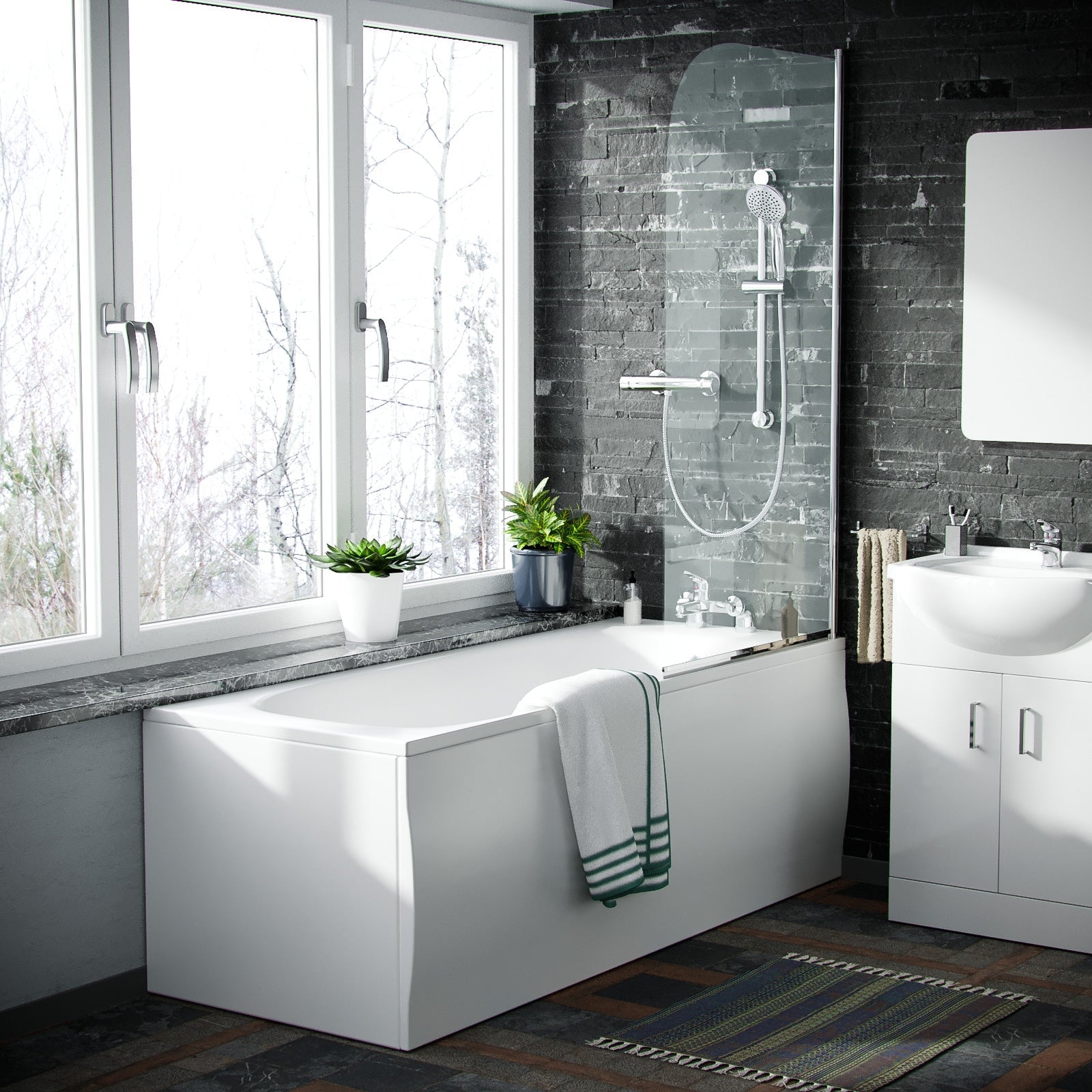 White 1700mm Bath Close Coupled Toilet Slider Rail Shower Basin Tap & Waste