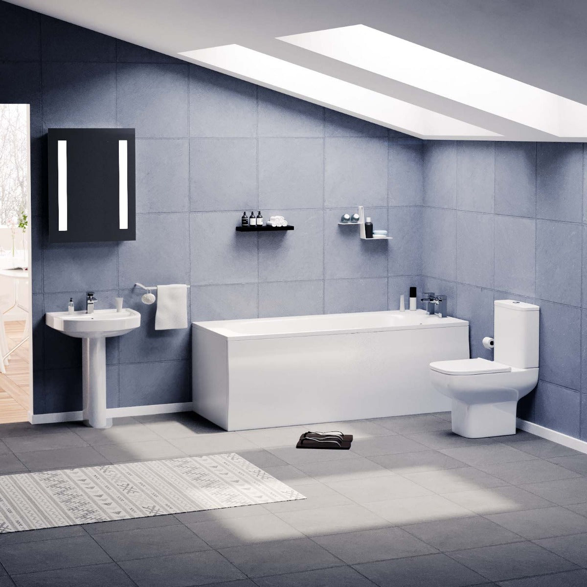 Cobalt 1700mm Bath, Pedestal Basin And WC Toilet 3 Piece Bathroom Suite White