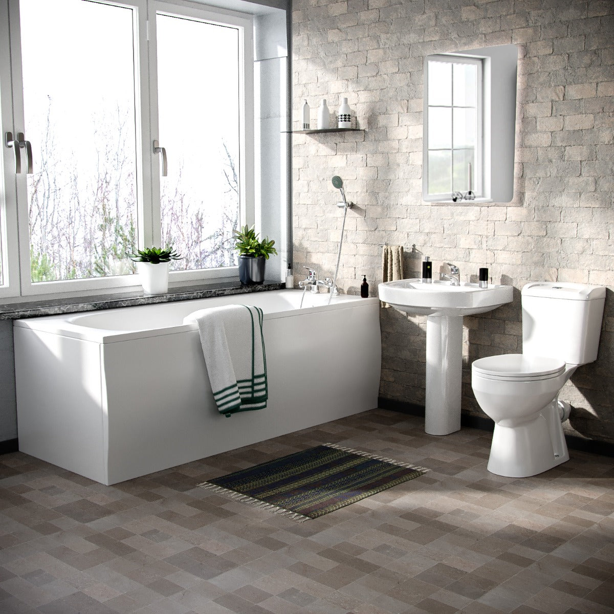 White Pedestal Basin Toilet 1700 Bath Tap and Front Panel Set