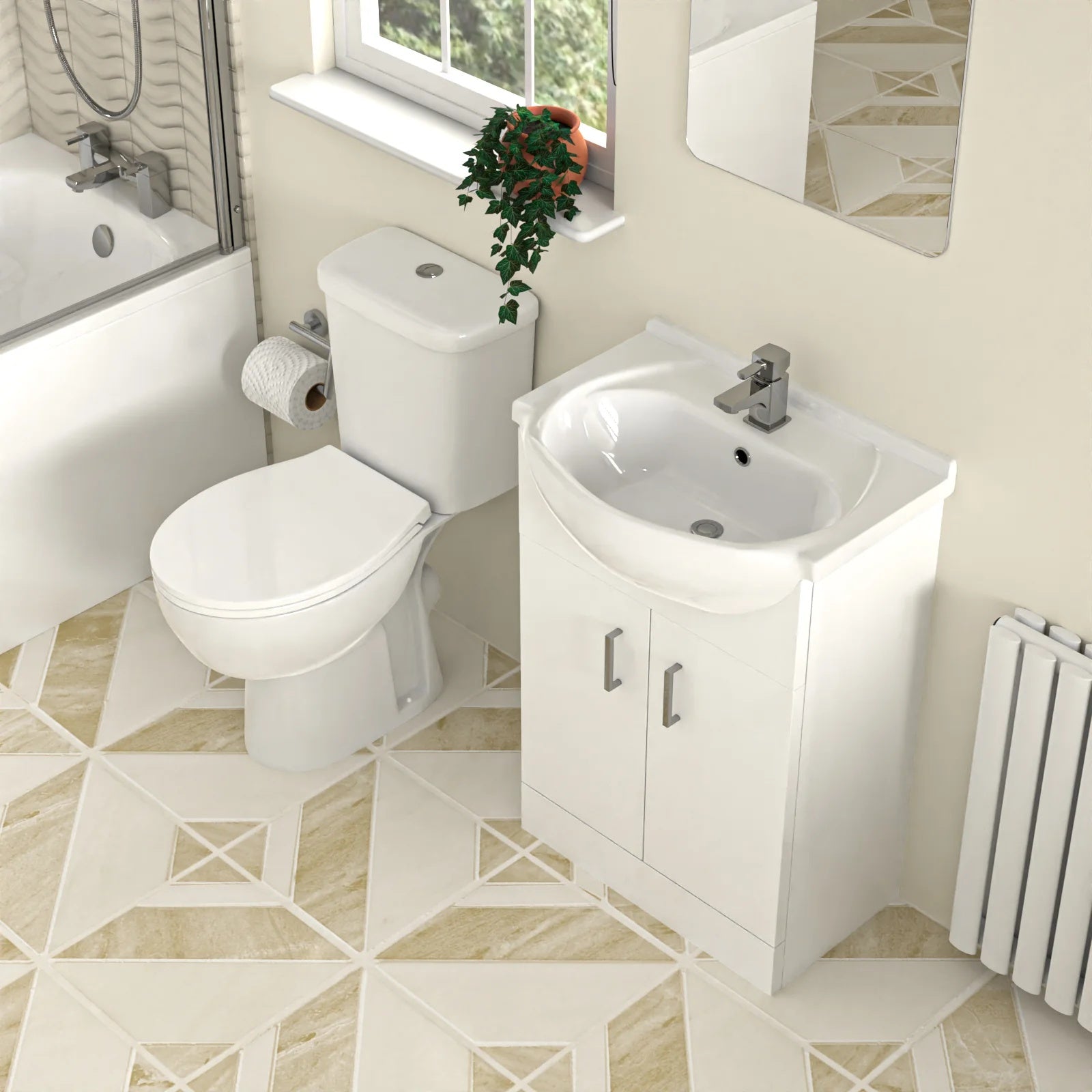 1400mm Bathtub With Screen, 515mm Vanity, Close Coupled Toilet - Set with Chrome Fittings