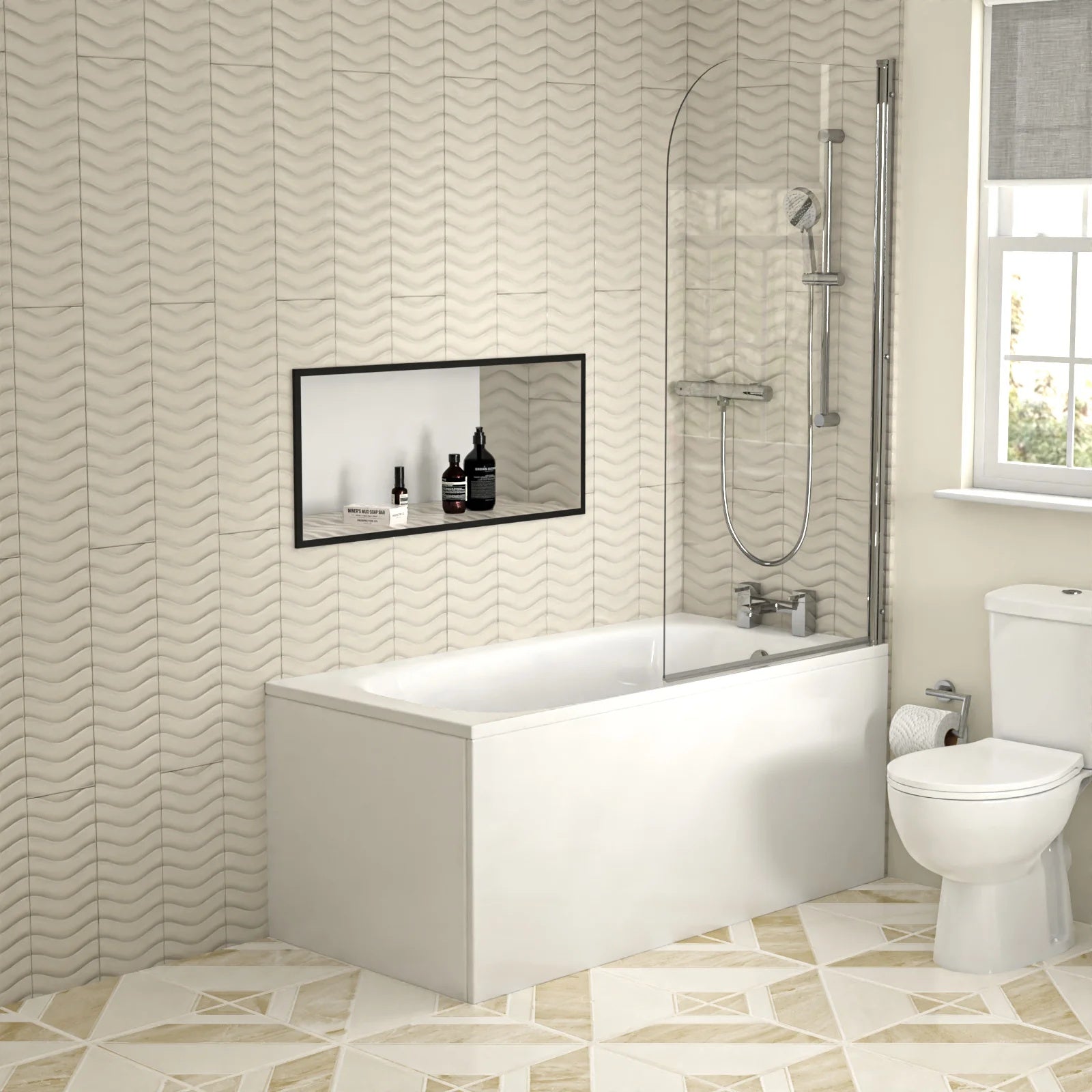 1400mm Bathtub With Screen, 515mm Vanity, Close Coupled Toilet - Set with Chrome Fittings