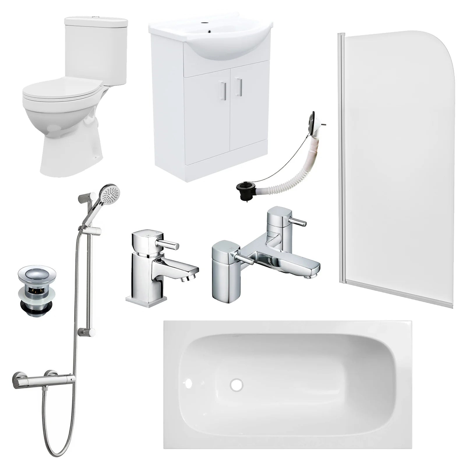 1400mm Bathtub With Screen, 515mm Vanity, Close Coupled Toilet - Set with Chrome Fittings