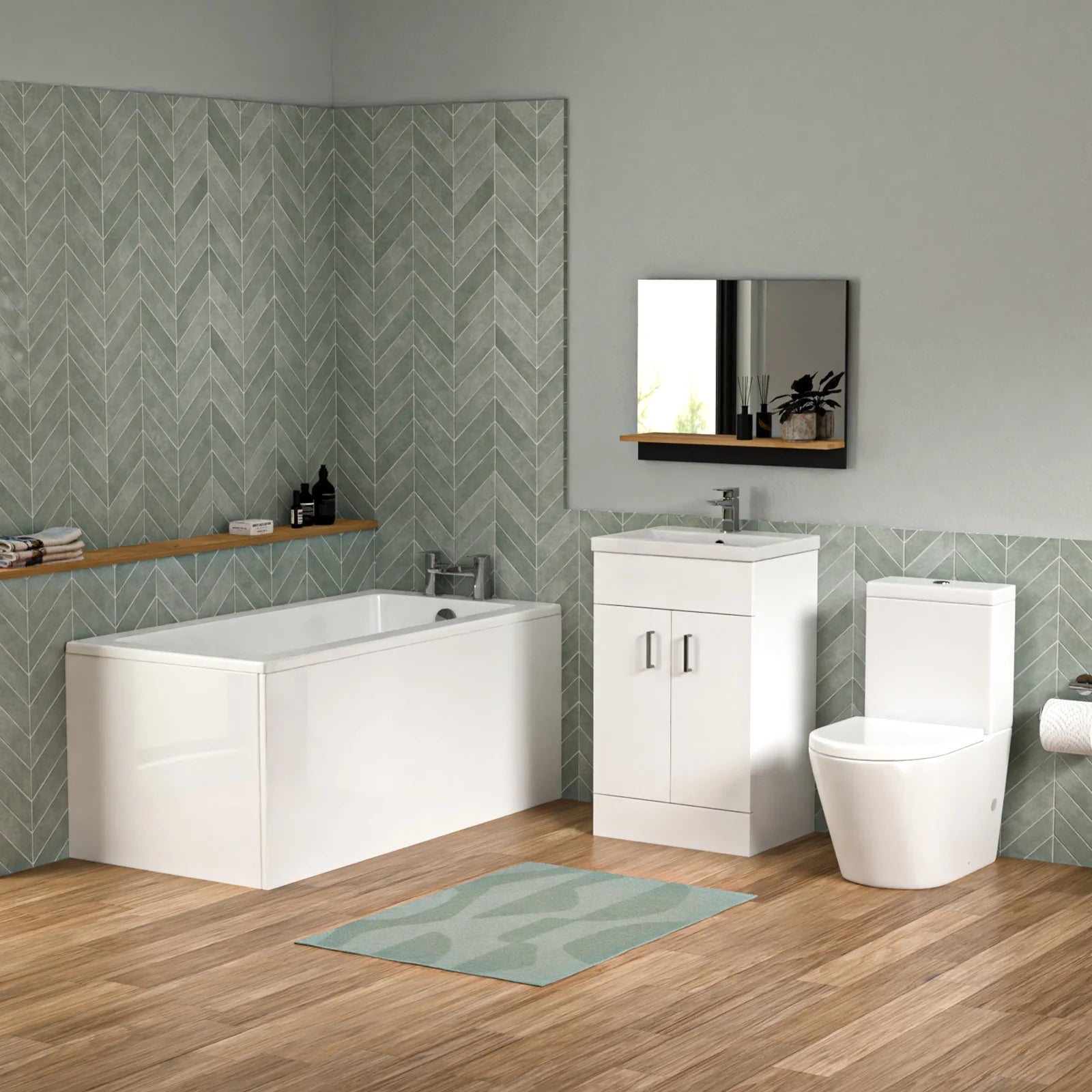 Bathroom Suite 1400mm Square Bathtub With Freestanding Vanity & Close Coupled Toilet