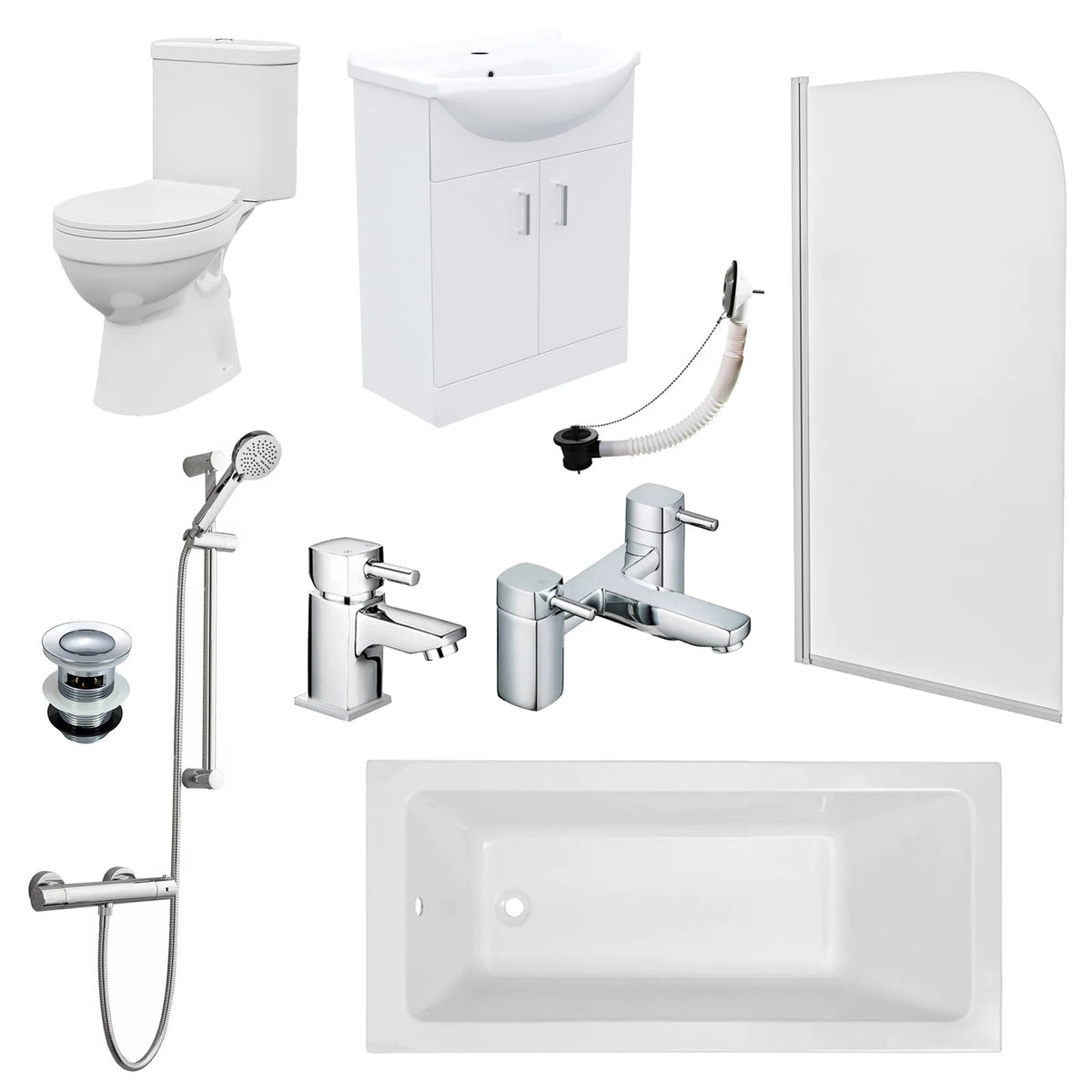 Bathroom Suite 1400mm Square Bathtub With Screen, Vanity and Toilet With Shower and Taps
