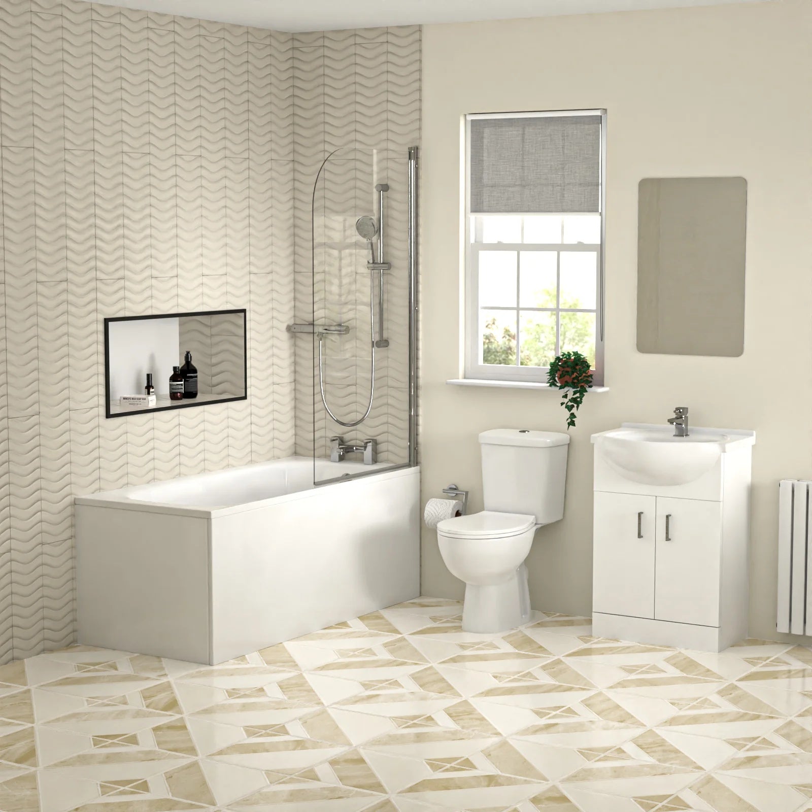 Bathroom Suite 1500mm Round Bathtub with Screen, 550mm Freestanding Vanity & Toilet - Set with Chrome Fittings