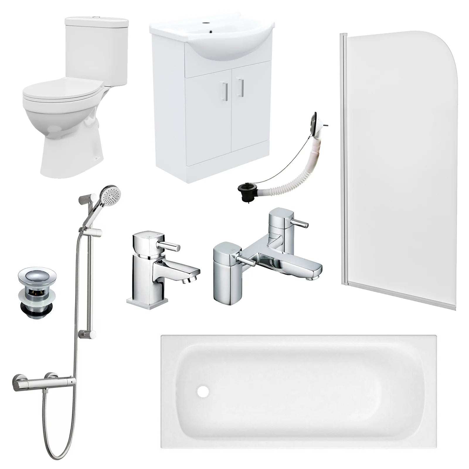 Bathroom Suite 1500mm Round Bathtub with Screen, 550mm Freestanding Vanity & Toilet - Set with Chrome Fittings