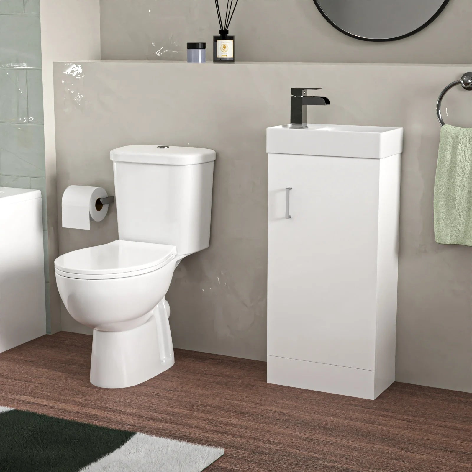Bathroom Suite 1500mm Round Bathtub with 400mm Freestanding Vanity & Toilet