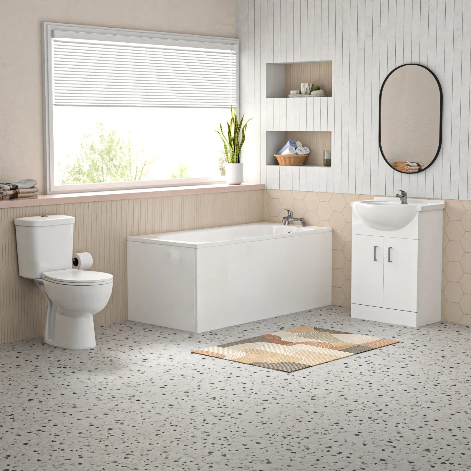 Bathroom Suite 1600mm Square Bathtub with Front Panel, 550mm Freestanding Vanity & Toilet
