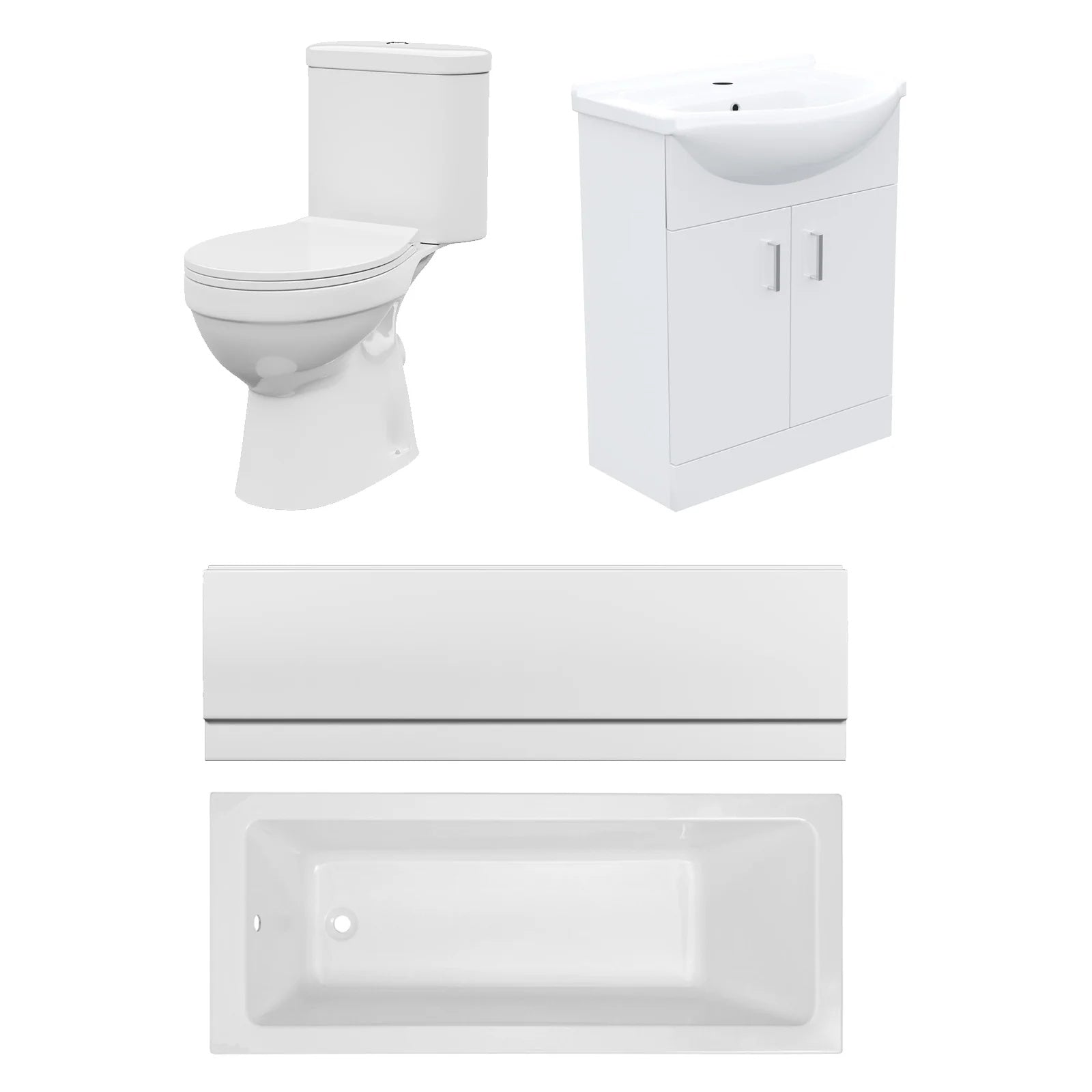 Bathroom Suite 1600mm Square Bathtub with Front Panel, 550mm Freestanding Vanity & Toilet