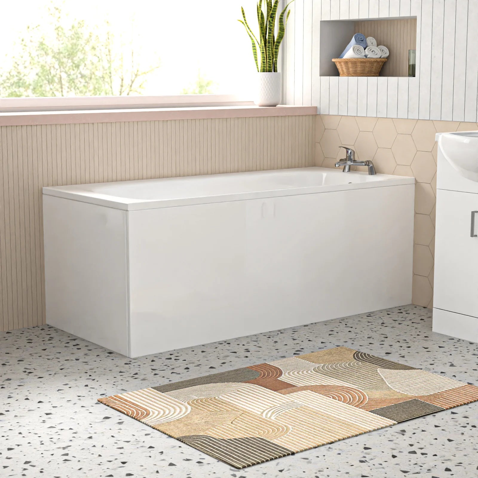 Bathroom Suite 1600mm Round Bathtub with Front Panel, 550mm Freestanding Vanity & Toilet