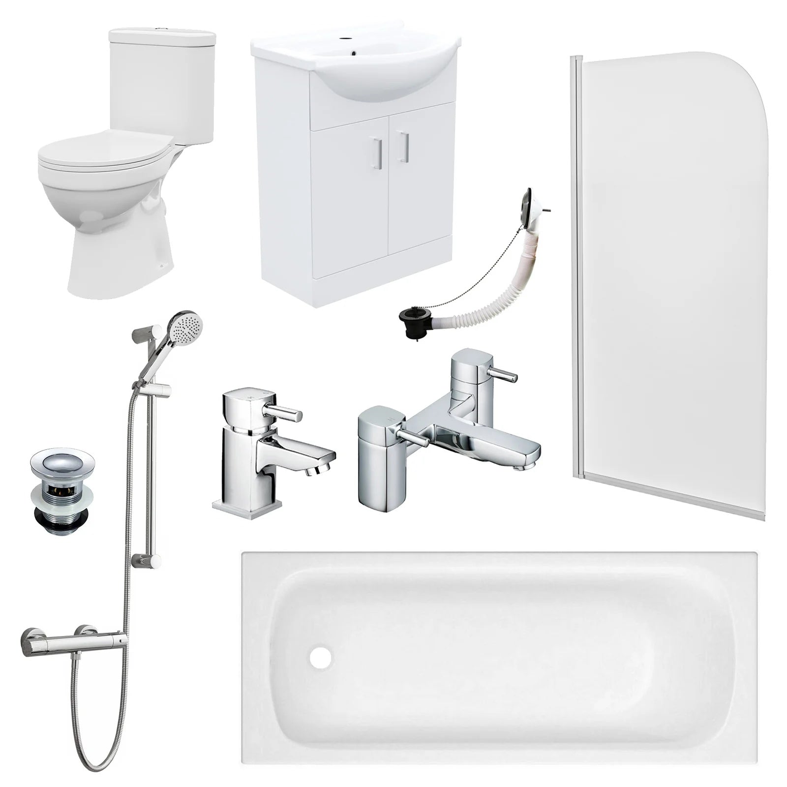 Bathroom Suite 1600mm Round Bathtub with Screen, 550mm Freestanding Vanity & Toilet - Set with Chrome Fittings