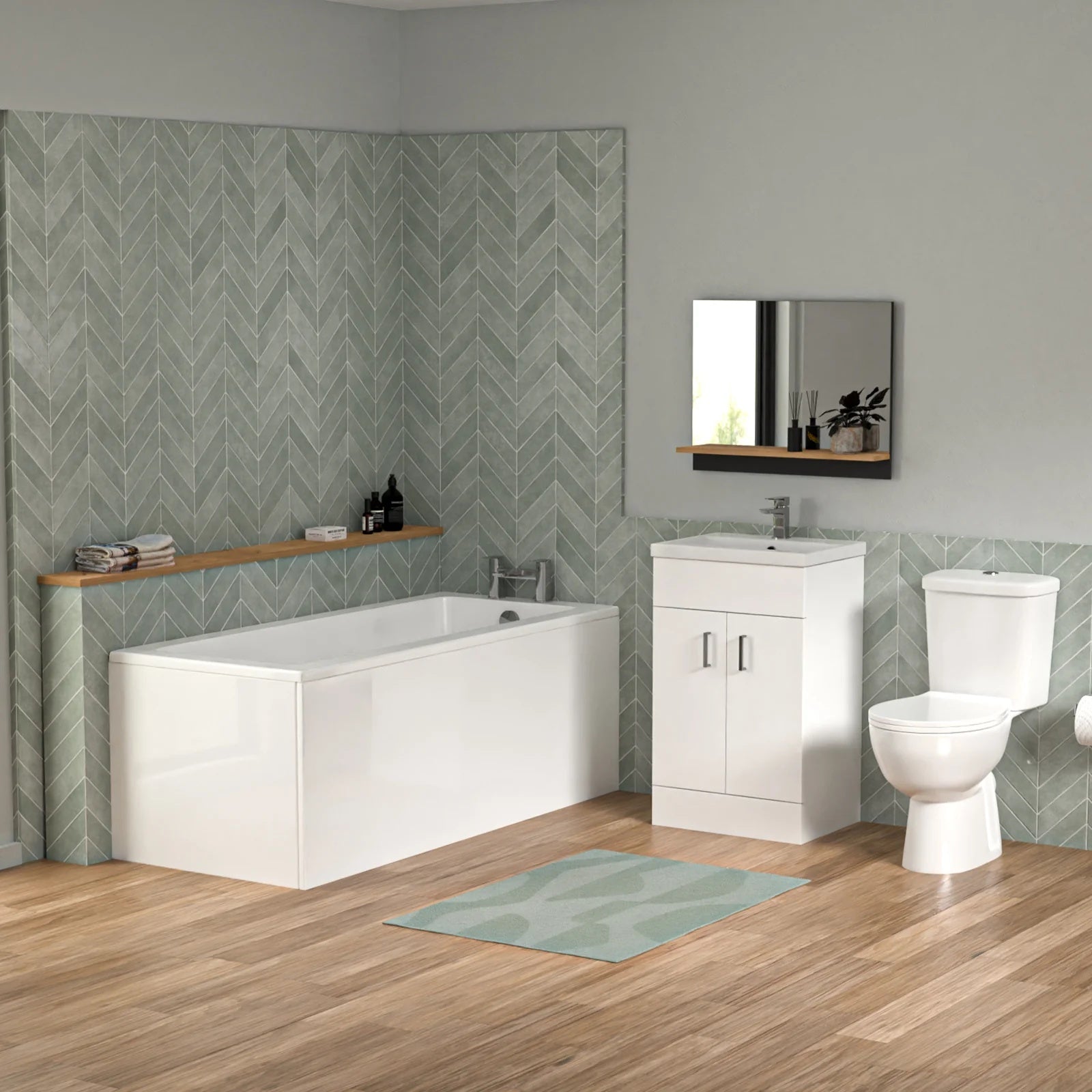 Bathroom Suite 1600mm Square Bathtub with 500mm Freestanding Vanity & Toilet