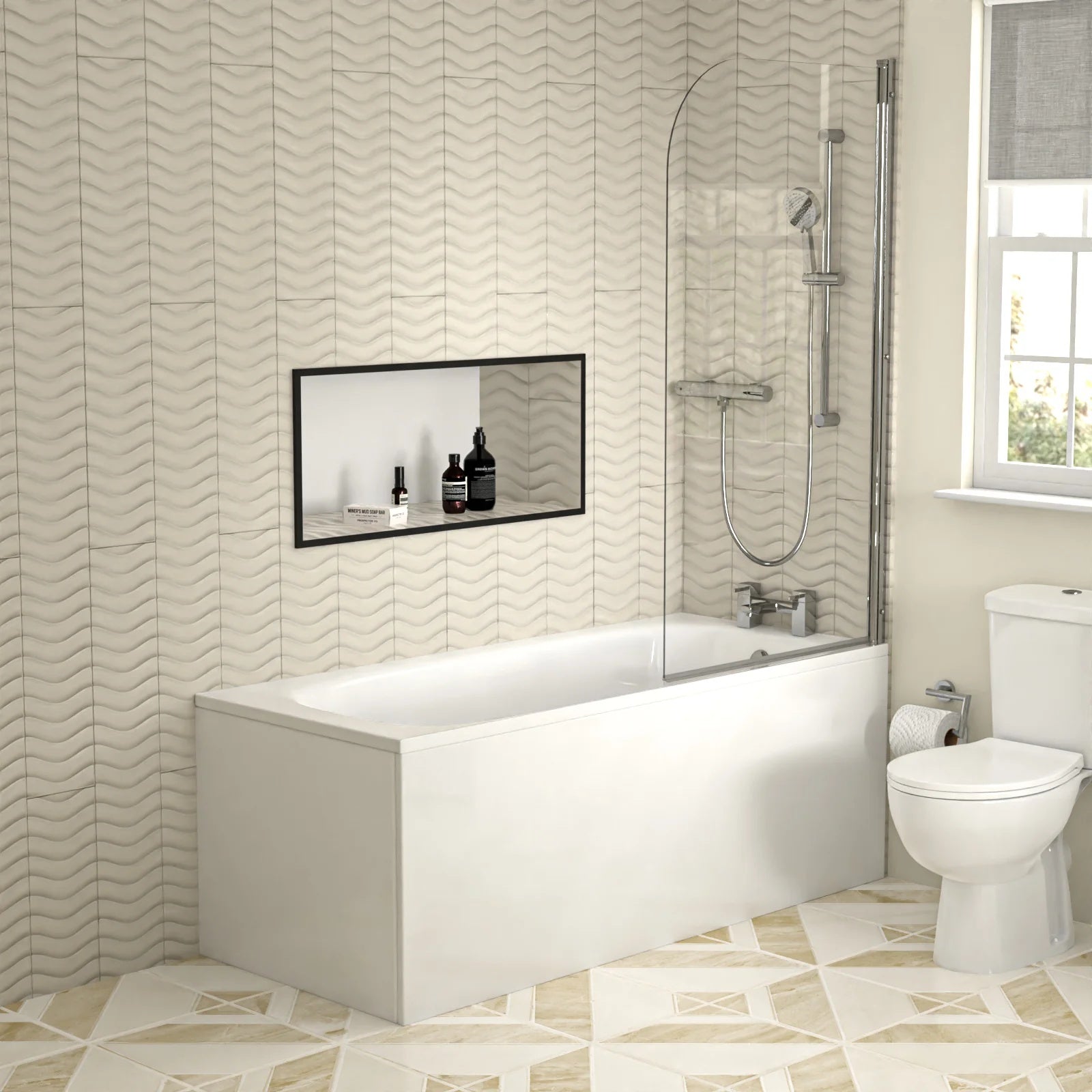 Bathroom Suite 1600mm Square Bathtub with Screen, 550mm Freestanding Vanity & Toilet - Set with Chrome Fittings
