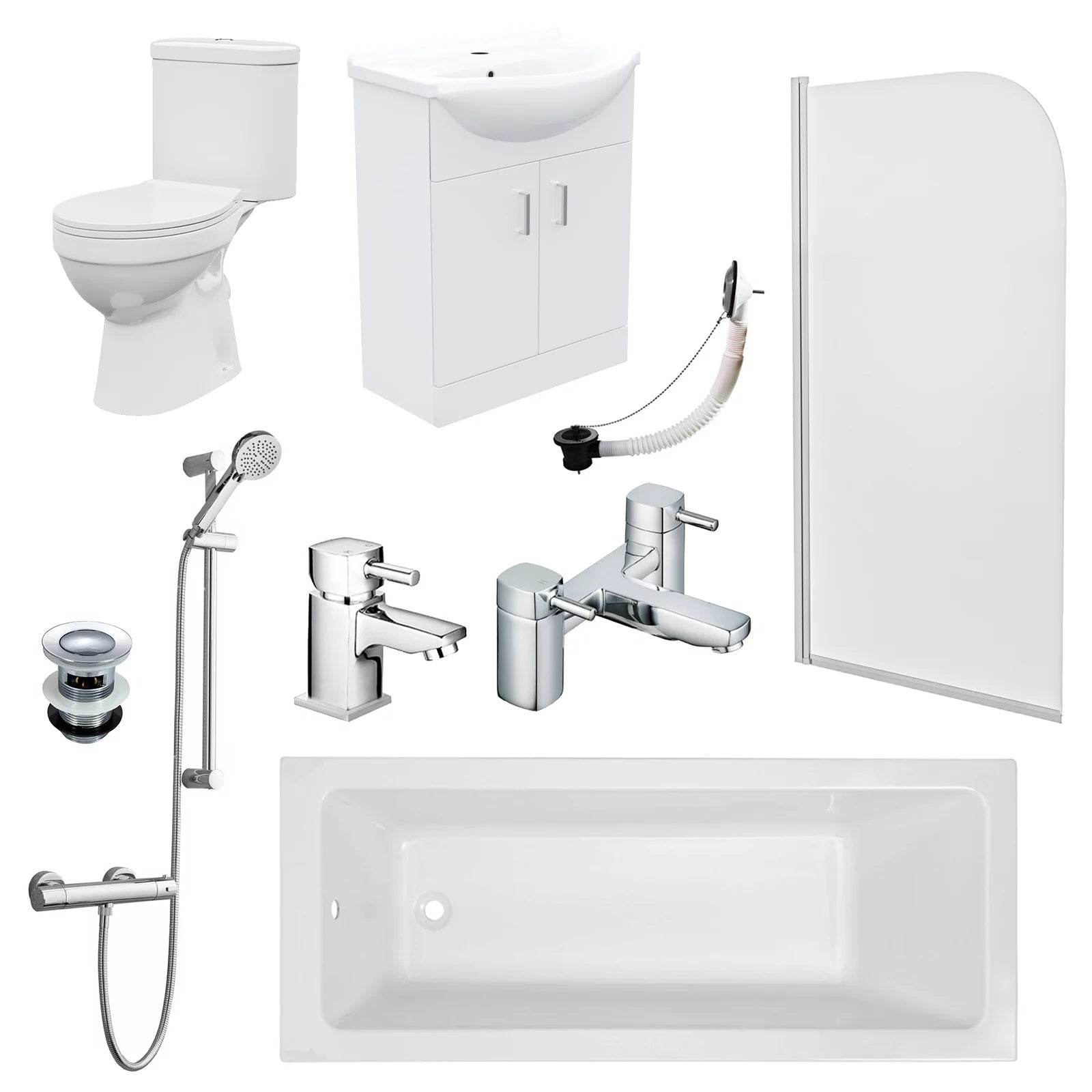 Bathroom Suite 1600mm Square Bathtub with Screen, 550mm Freestanding Vanity & Toilet - Set with Chrome Fittings