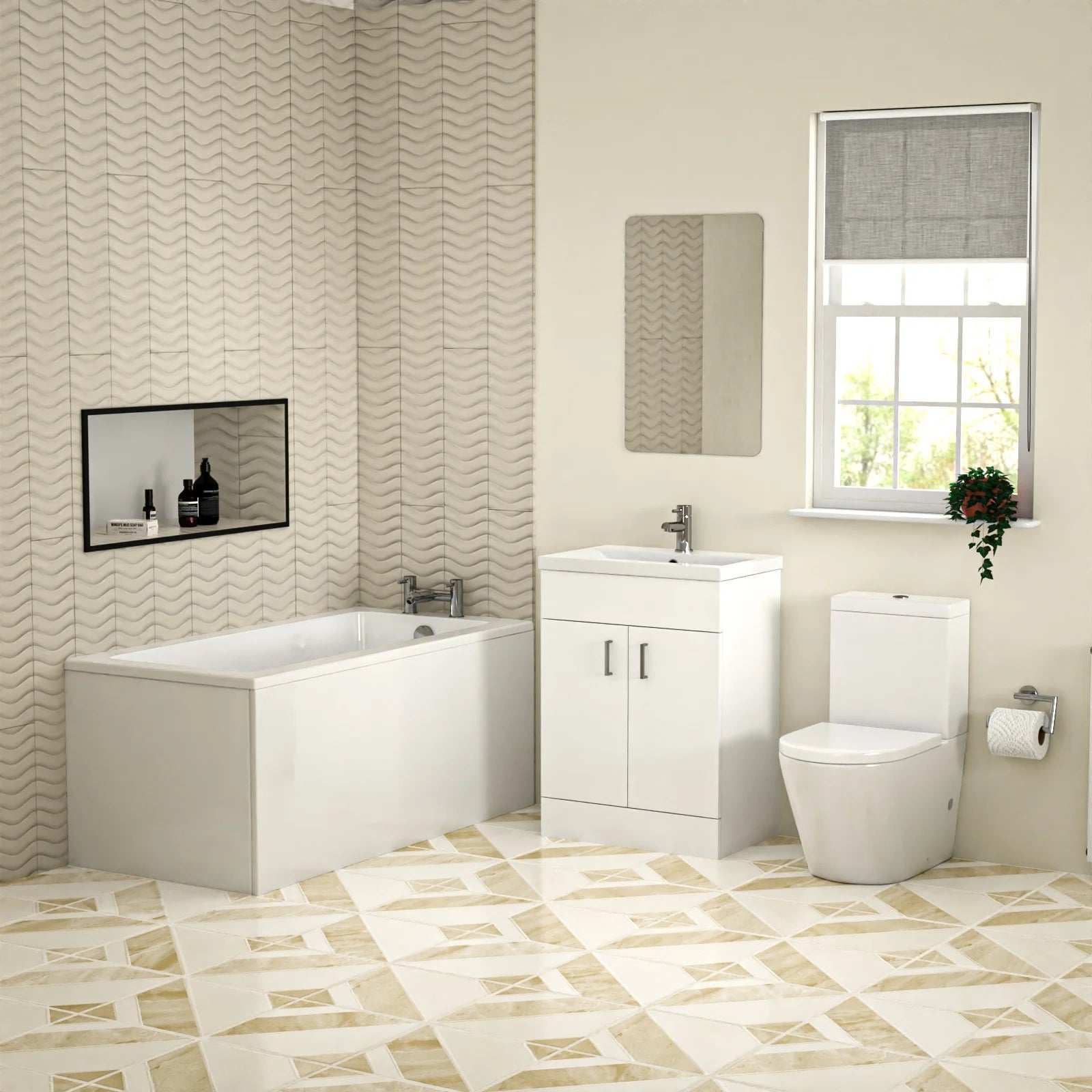 Bathroom Suite 600mm Floorstanding Vanity With Toilet and 1400mm Bathtub