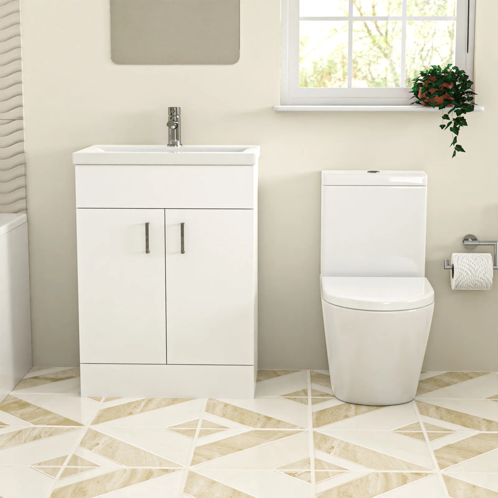Bathroom Suite 600mm Floorstanding Vanity With Toilet and 1400mm Bathtub