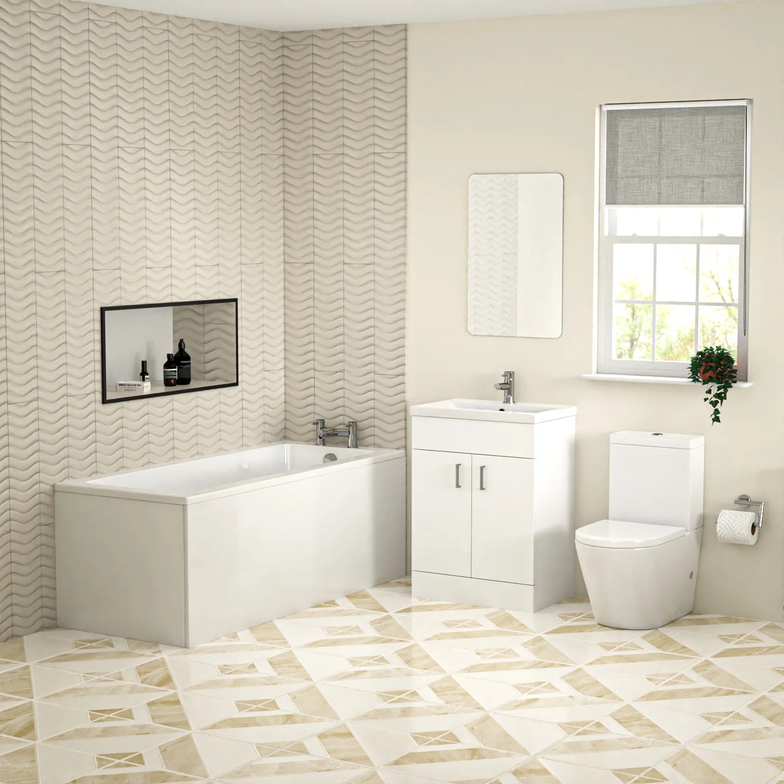 Bathroom Suite Square 1600mm Bathtub With 600mm Freestanding Vanity and Close Coupled Toilet