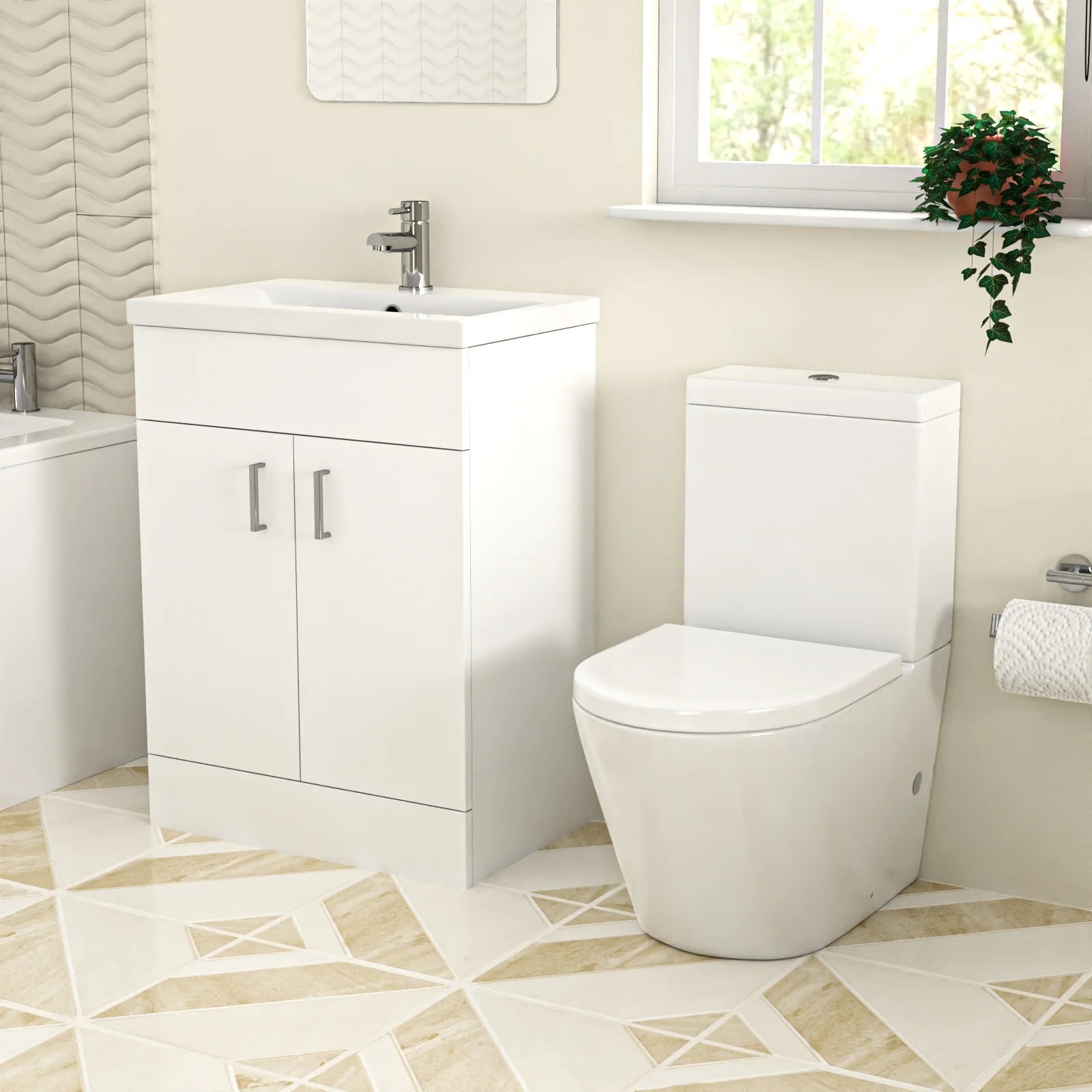 Bathroom Suite Square 1600mm Bathtub With 600mm Freestanding Vanity and Close Coupled Toilet