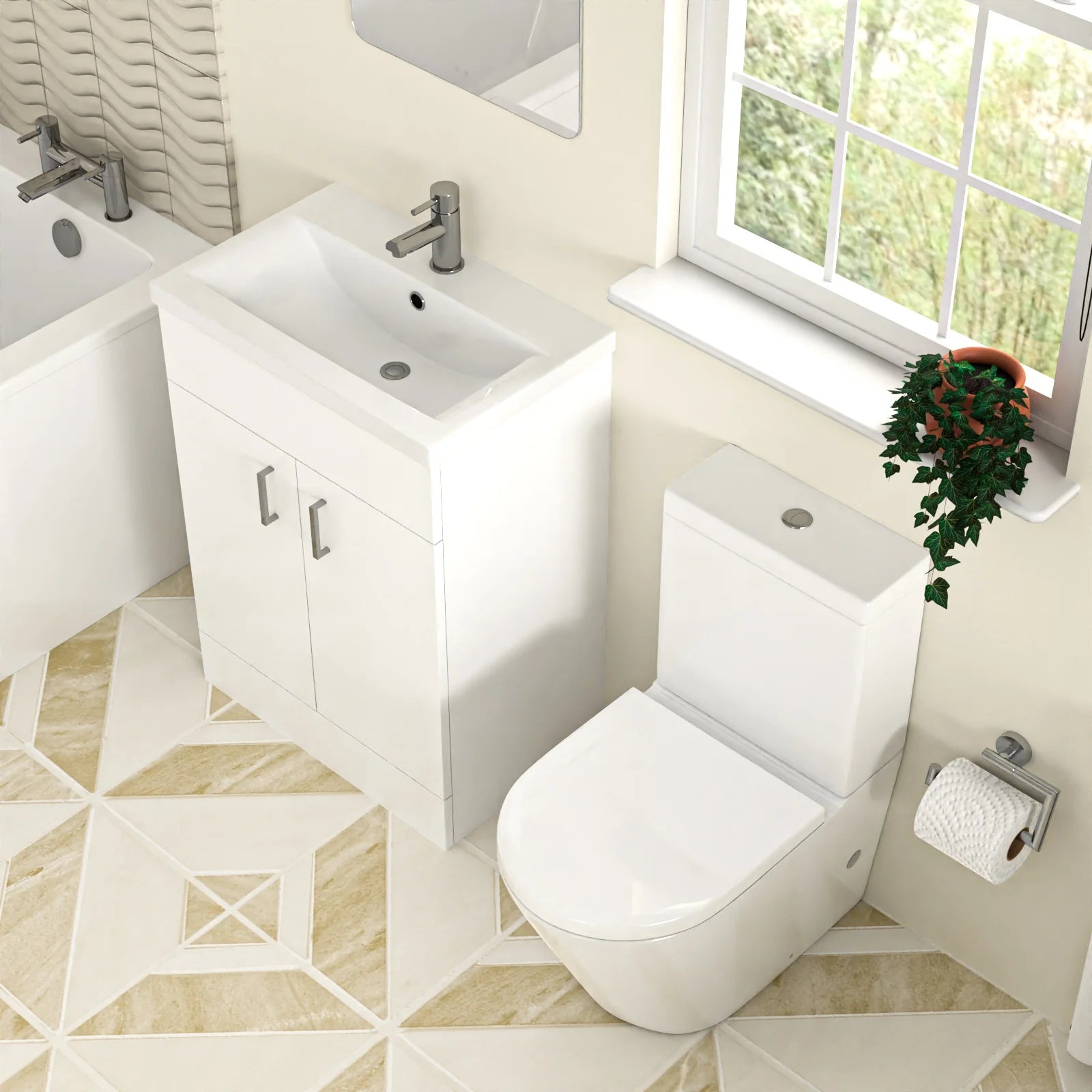 Bathroom Suite Square 1600mm Bathtub With 600mm Freestanding Vanity and Close Coupled Toilet