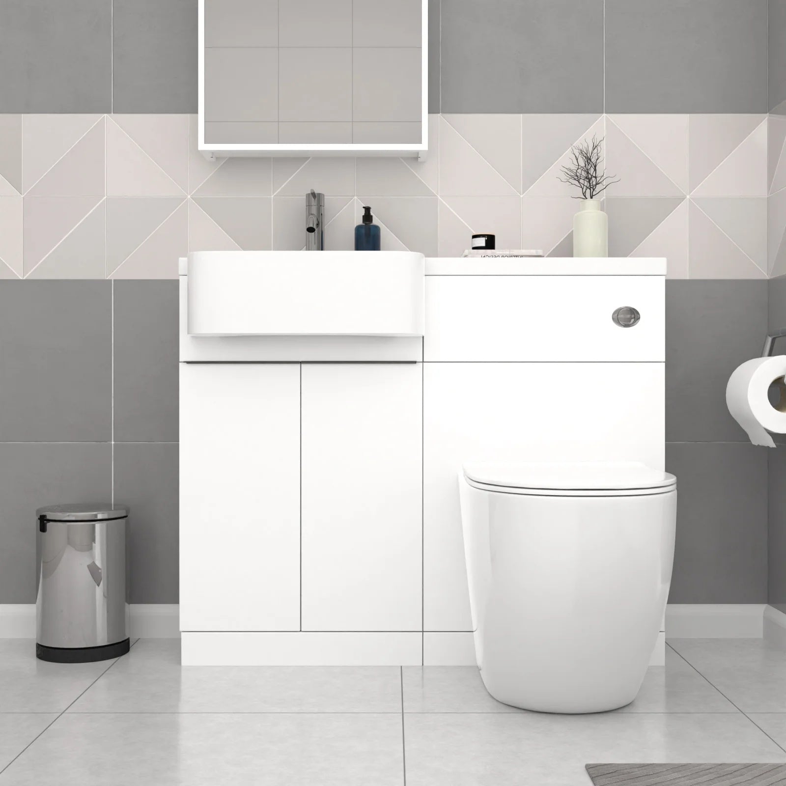 Bretford 1700mm LH L-Shaped Shower Bath with Screen & Front Panel, 1005mm Basin Vanity Unit with Black Handle & BTW Toilet