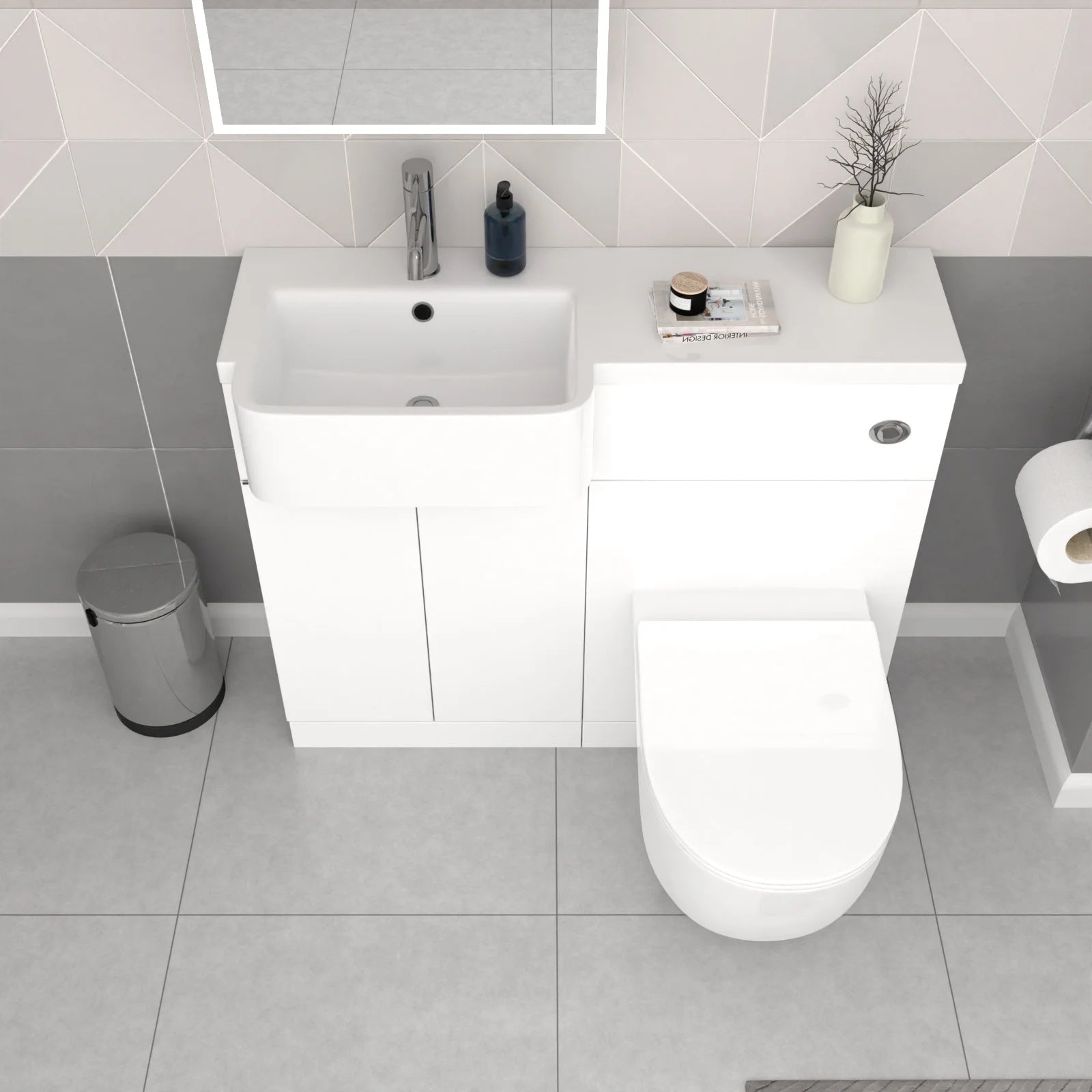 Bretford 1700mm LH L-Shaped Shower Bath with Screen & Front Panel, 1005mm Basin Vanity Unit with Black Handle & BTW Toilet