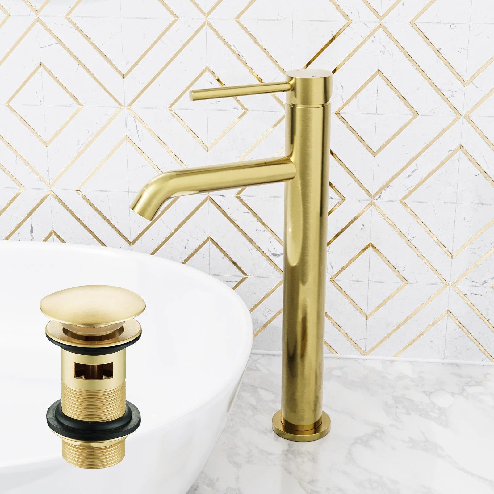Brushed Brass Deck Mounted Tall Basin Mixer Tap with Waste
