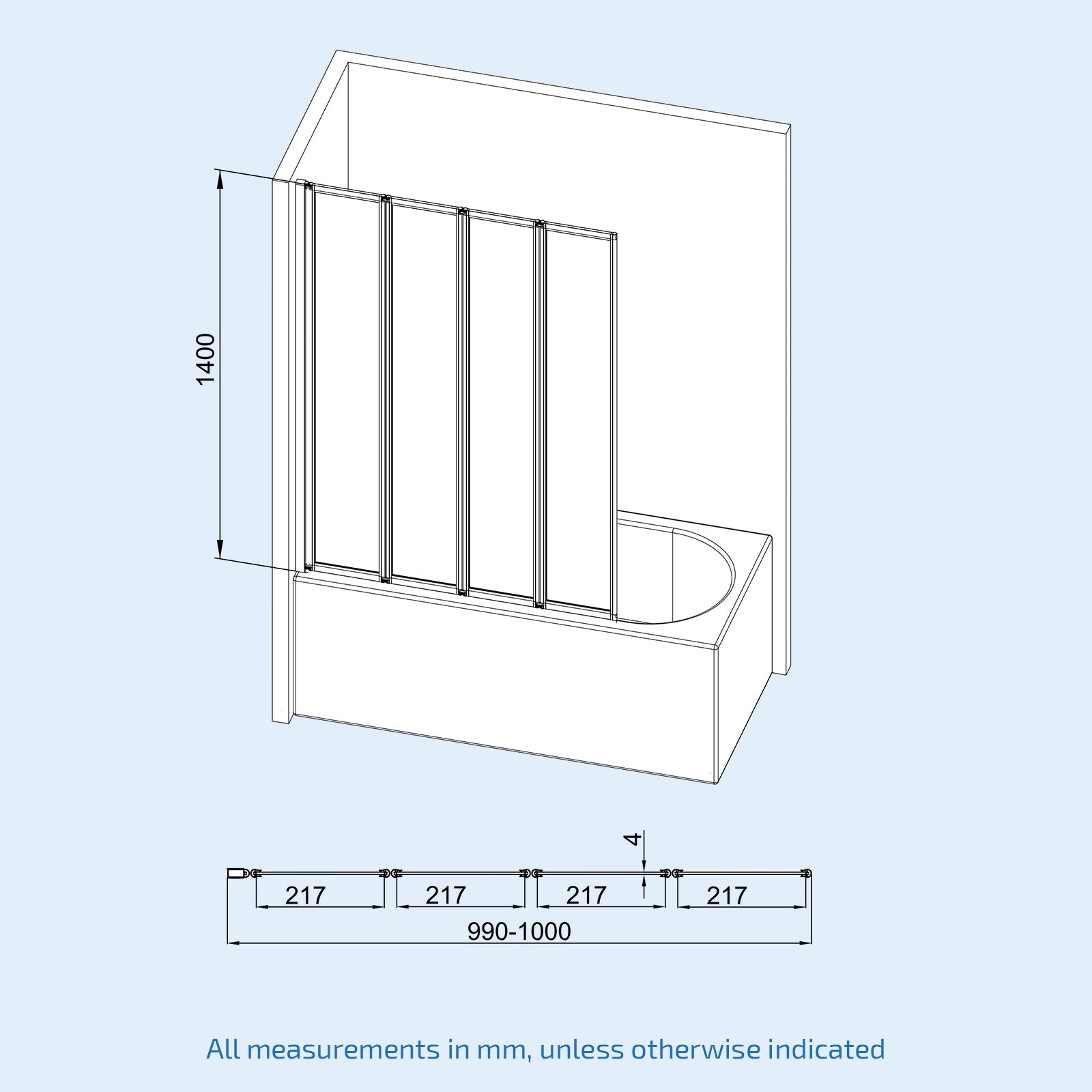 Parga 1000 x 1400 mm 4 Fold Door Bath Shower Screen Black Frame