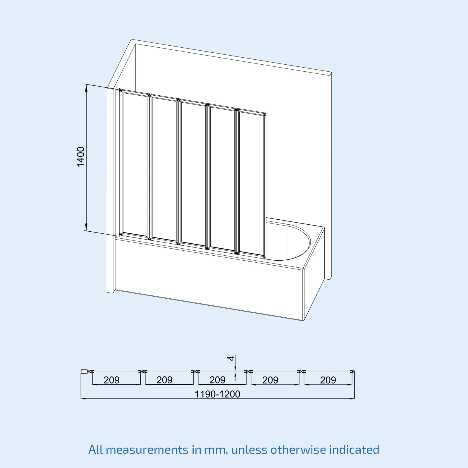 Parga 1200 x 1400 mm 5 Fold Door Bath Shower Screen Black Frame
