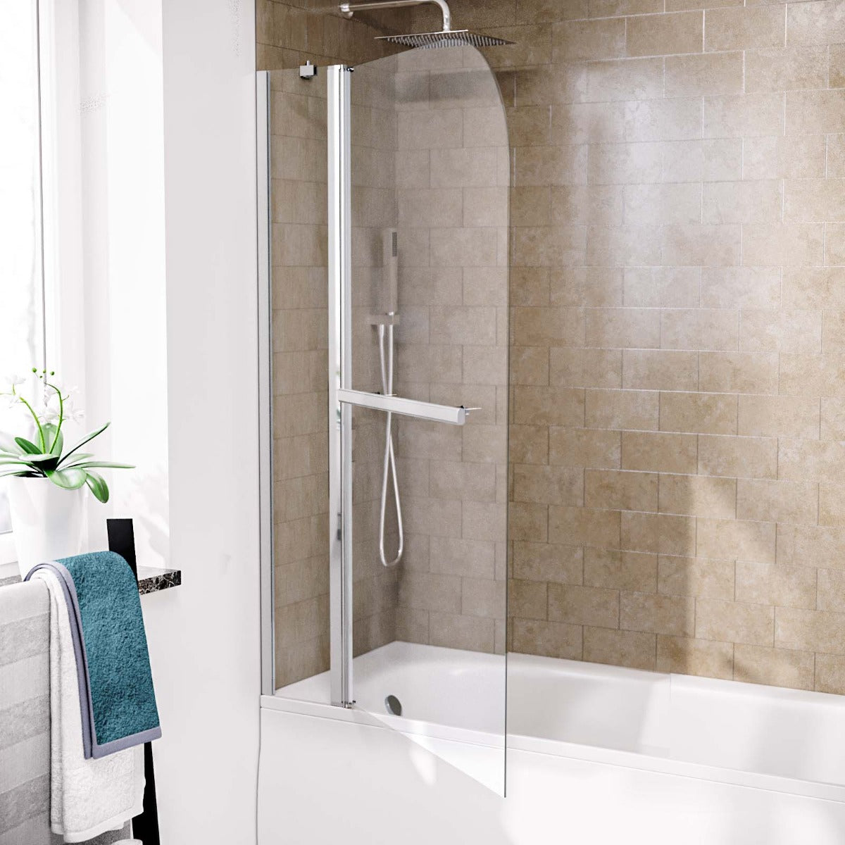 1000mm Curved Glass Bath Screen Swing Door & Towel Bar Chrome