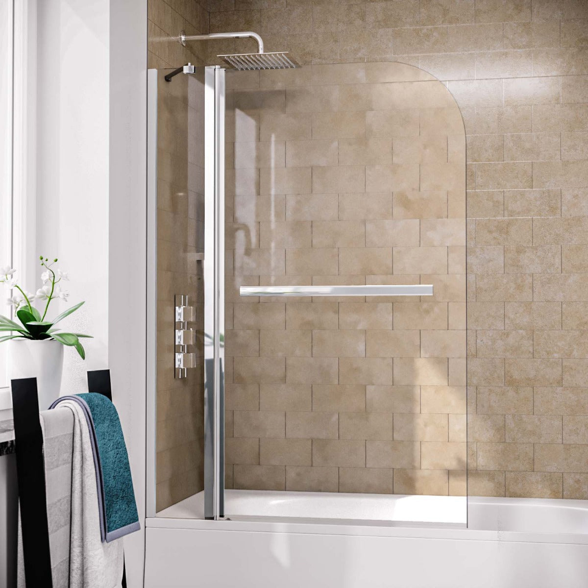 1000mm Curved Glass Bath Screen Swing Door & Towel Bar Chrome