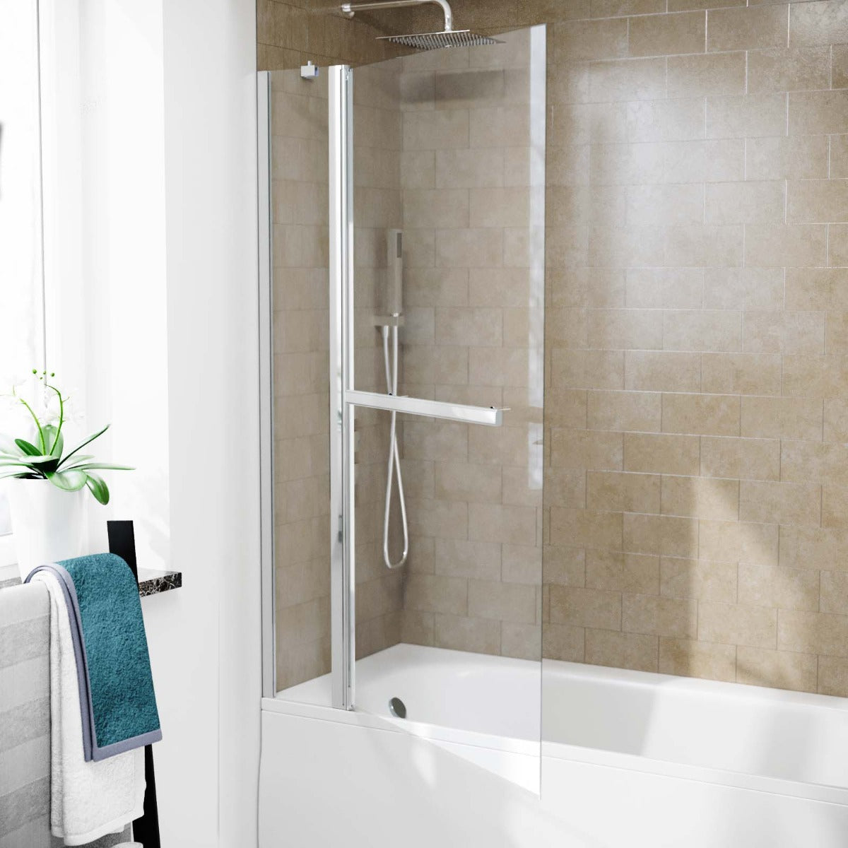 Athens 1000mm Square Glass Bath Screen Swing Door & Towel Bar Chrome