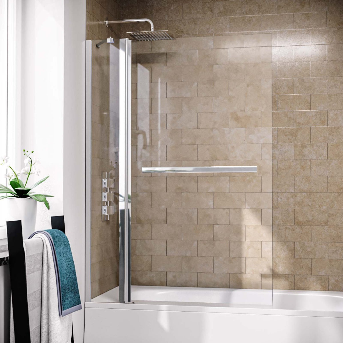 Athens 1000mm Square Glass Bath Screen Swing Door & Towel Bar Chrome