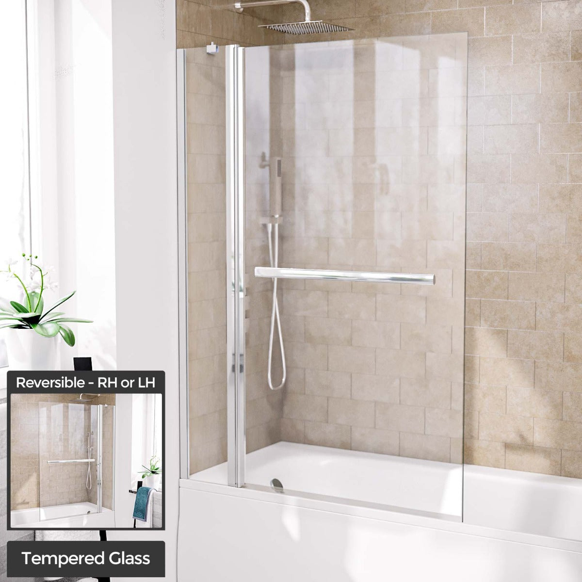 Athens 1000mm Square Glass Bath Screen Swing Door & Towel Bar Chrome