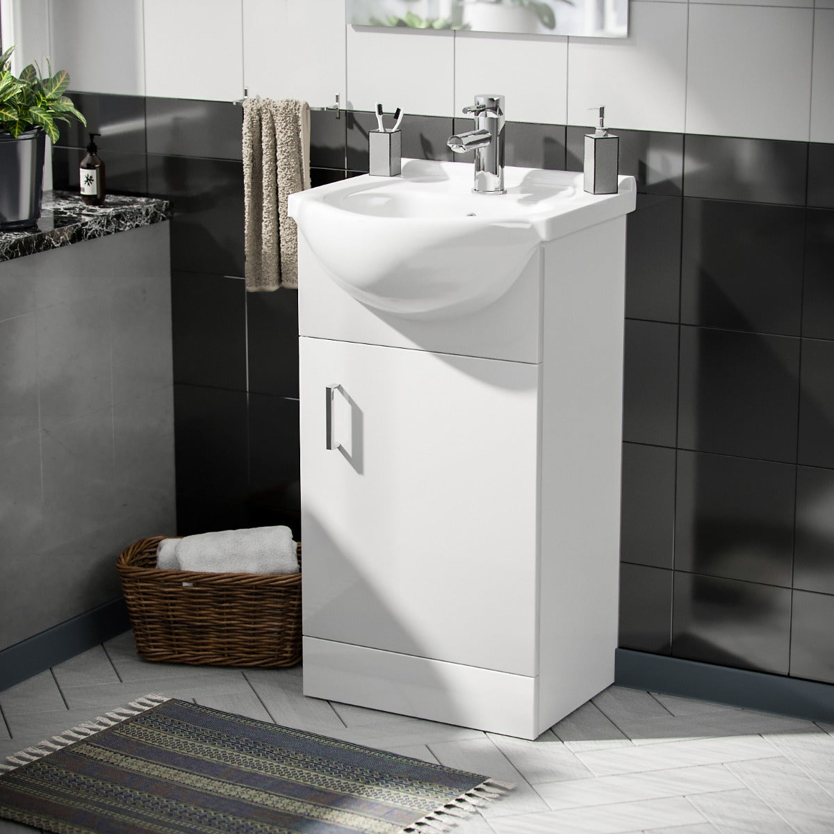 Dyon 450mm White Floorstanding Vanity Basin Unit + Deck Mounted Mini Mono Basin Tap + Waste