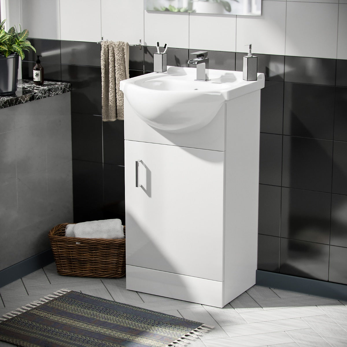 Dyon 450mm White Floorstanding Vanity Basin Unit + Deck Mounted Basin Mono Mixer Tap + Waste