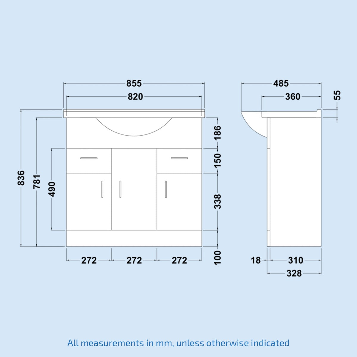Ellen 850mm Floorstanding 3 Door Basin Vanity Unit White