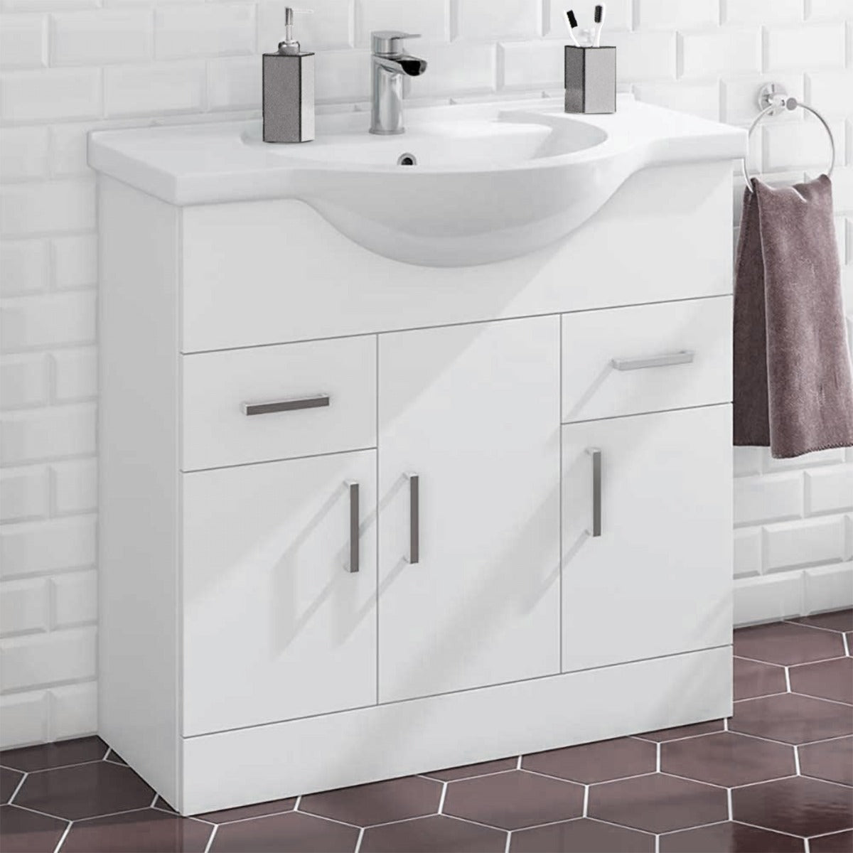 Ellen 850mm Floorstanding 3 Door Basin Vanity Unit White