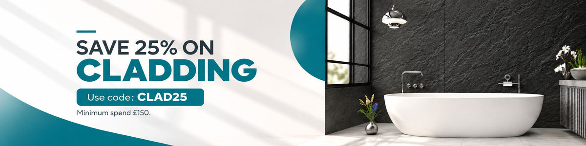 Save 25% on dark grey slate bathroom wall cladding with code CLAD25, minimum spend £150