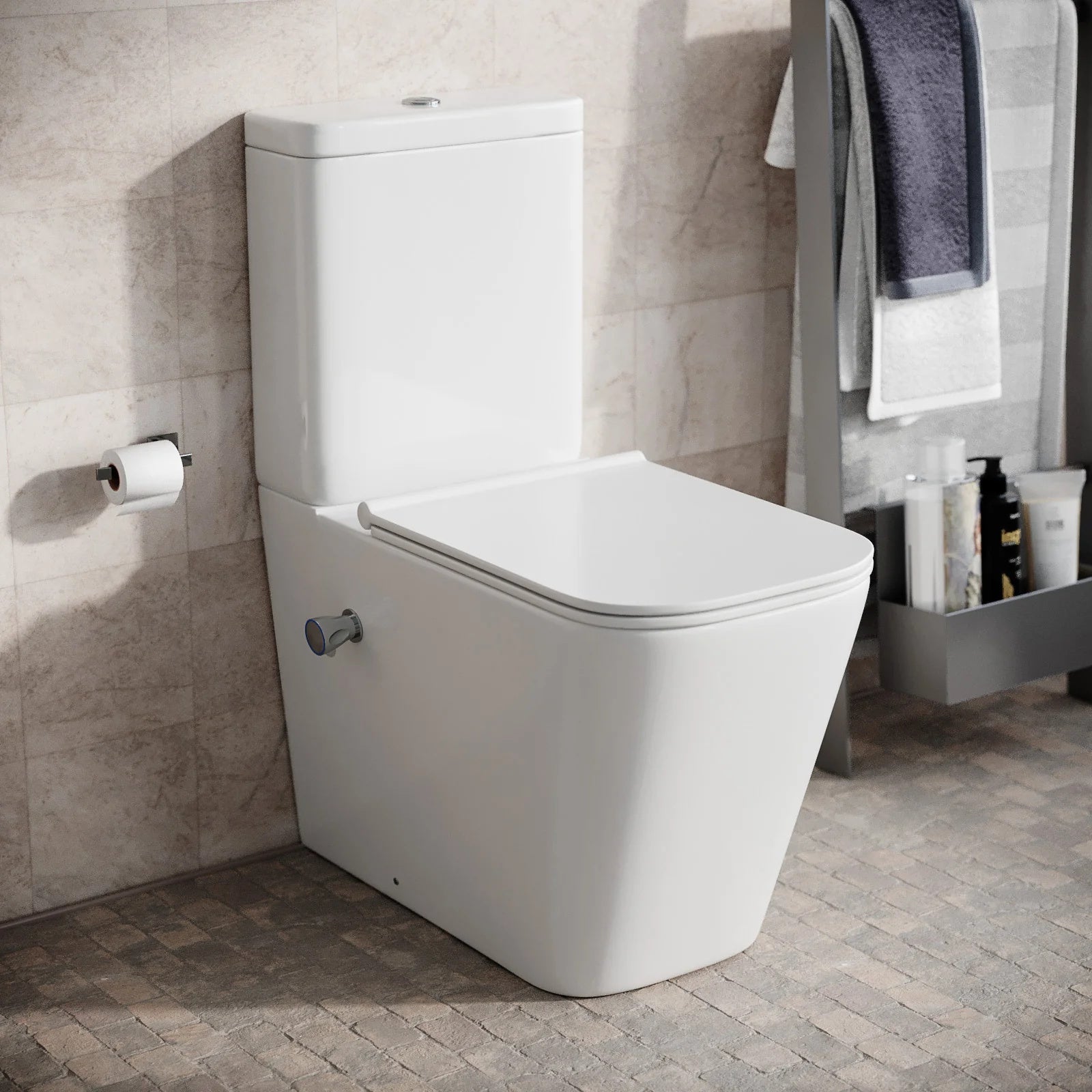Rimless Square Close Coupled Toilet with Integrated Hot Cold Bidet