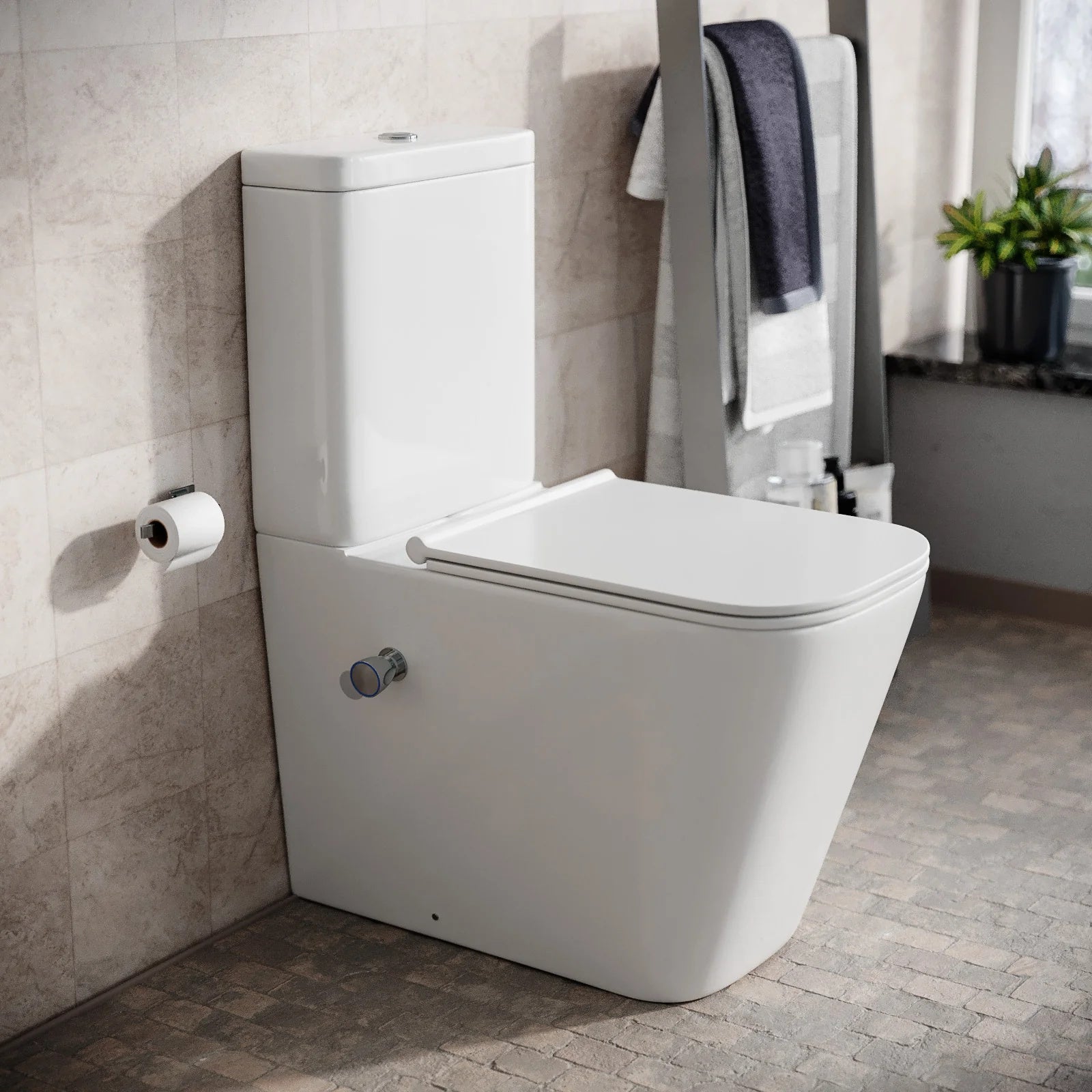 Rimless Square Close Coupled Toilet with Integrated Hot Cold Bidet