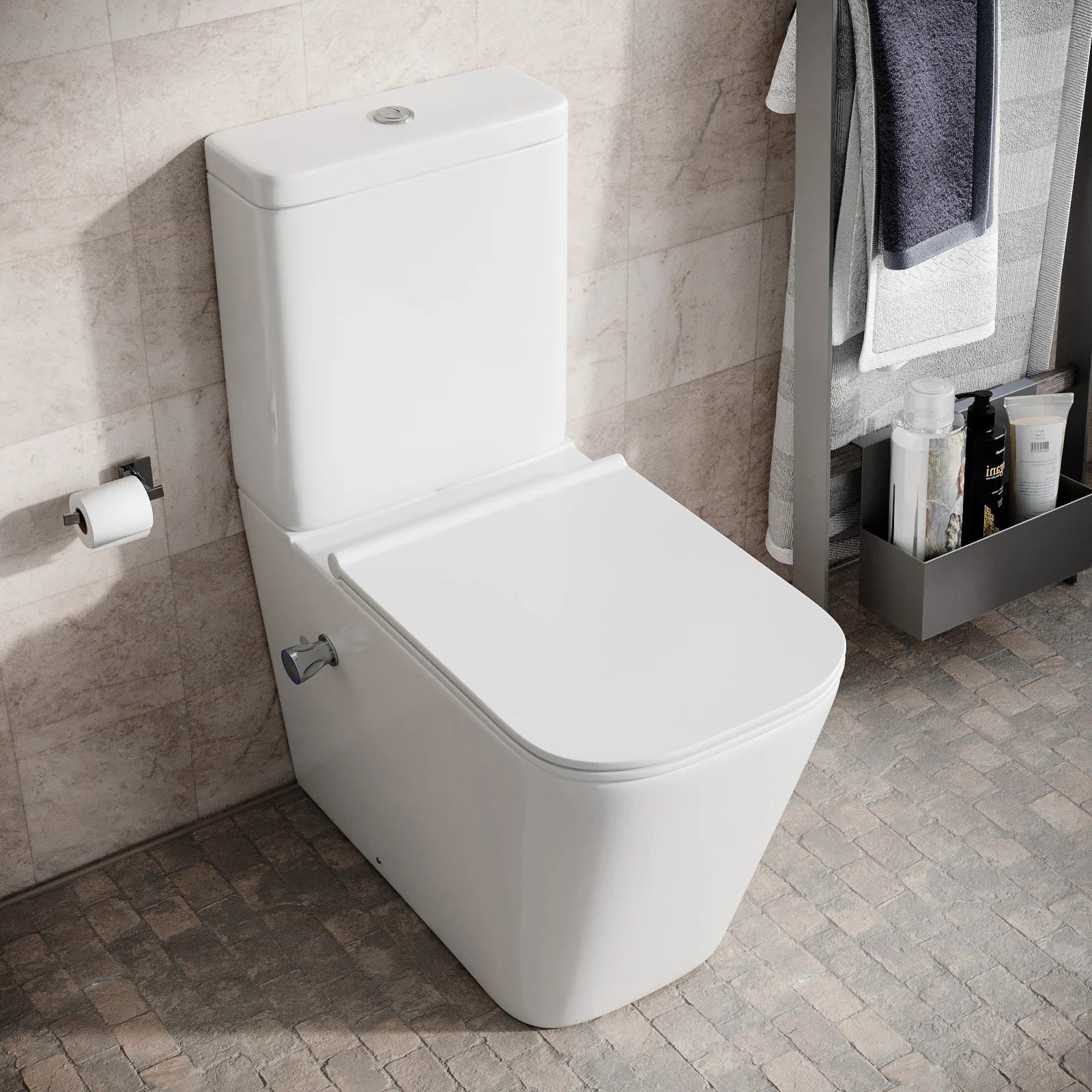 Rimless Square Close Coupled Toilet with Integrated Hot Cold Bidet