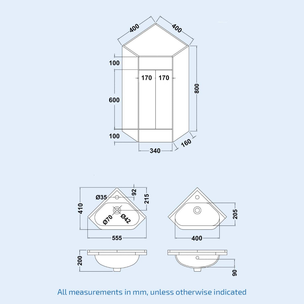 Nanuya 550mm Floor Standing Corner Unit And Ceramic Basin Alpine Gloss White