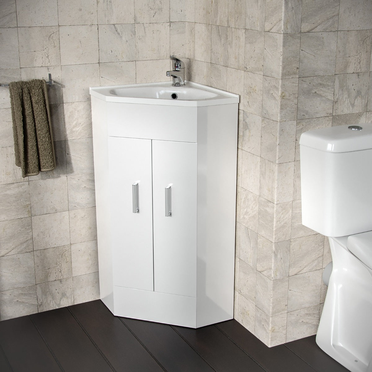 Nanuya 550mm Floor Standing Corner Unit And Ceramic Basin Alpine Gloss White
