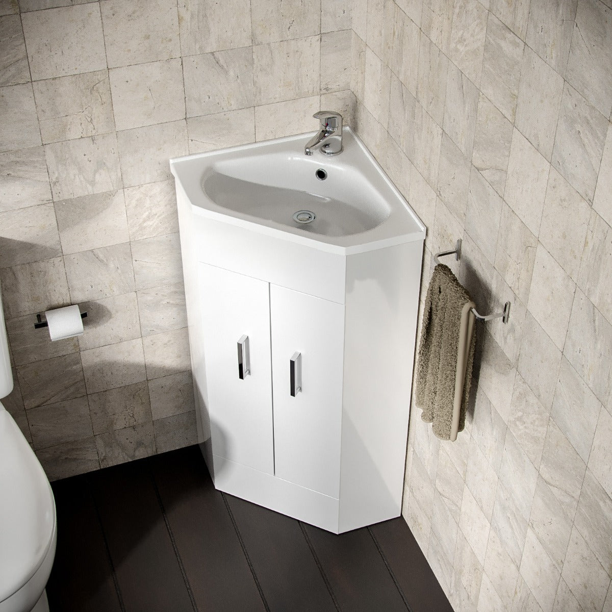 Nanuya 550mm Floor Standing Corner Unit And Ceramic Basin Alpine Gloss White