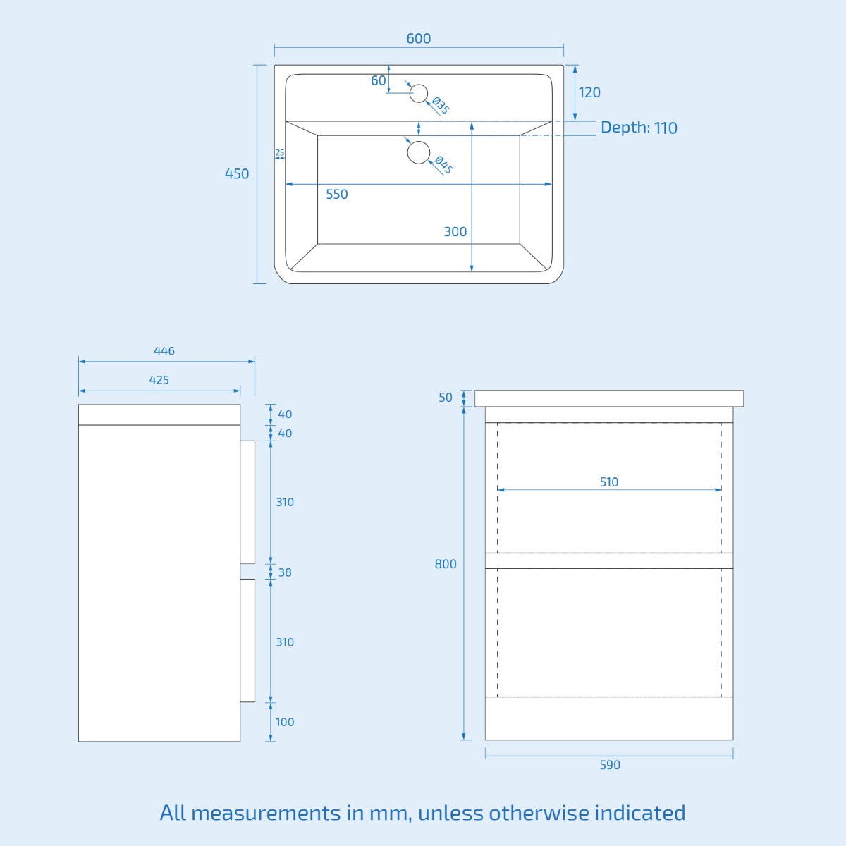 Jersey 600mm Basin 2 Drawer Vanity Basin Unit & Close Coupled Toilet White