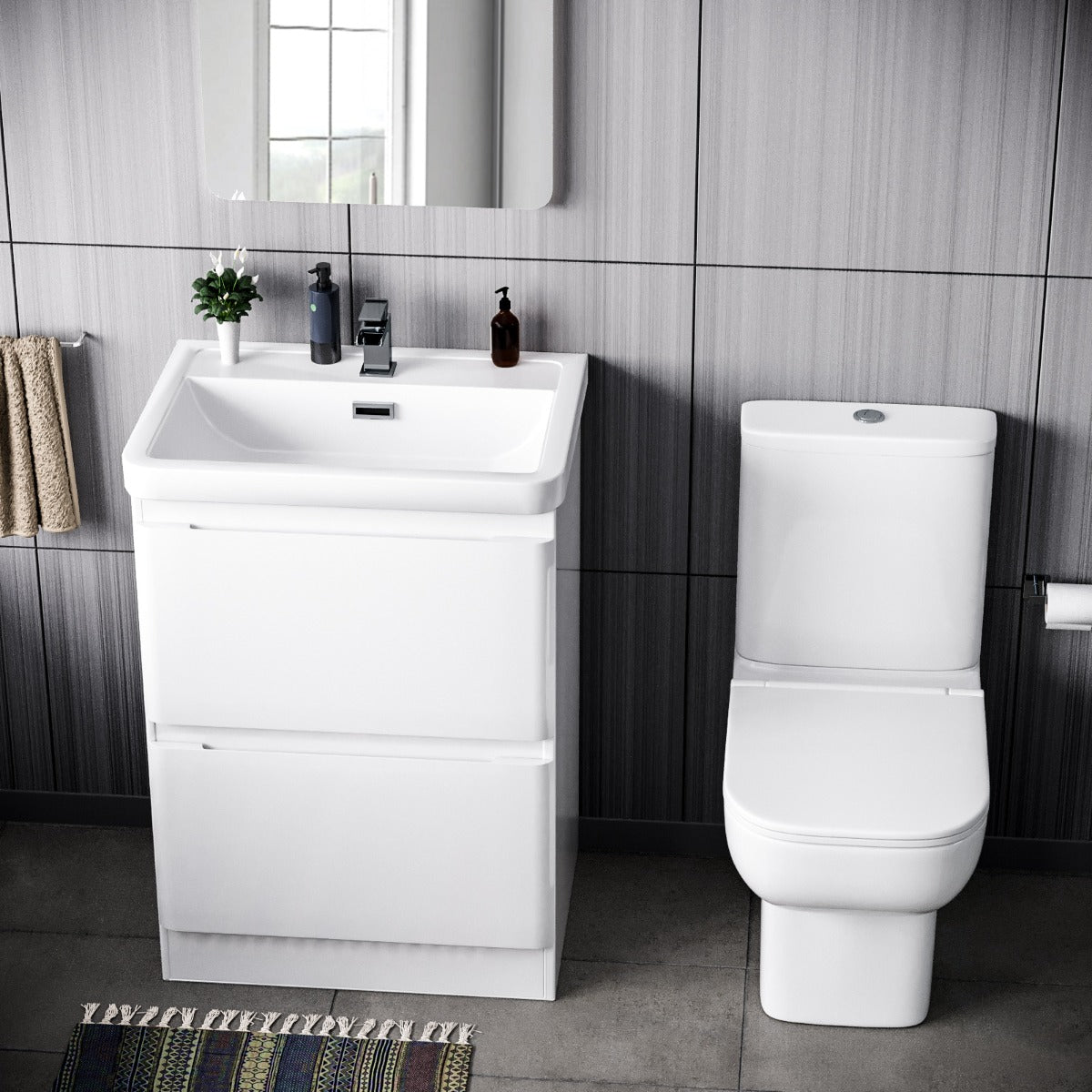 Jersey 600mm Basin 2 Drawer Vanity Basin Unit & Close Coupled Toilet White