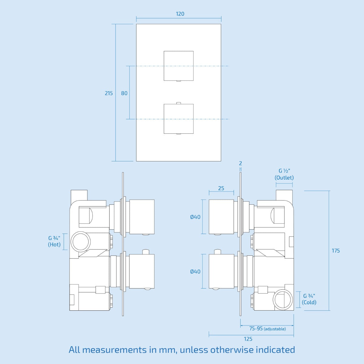 Rennes Matte Black Concealed Thermostatic Overhead 200mm Square Rainfall Shower Mixer Set