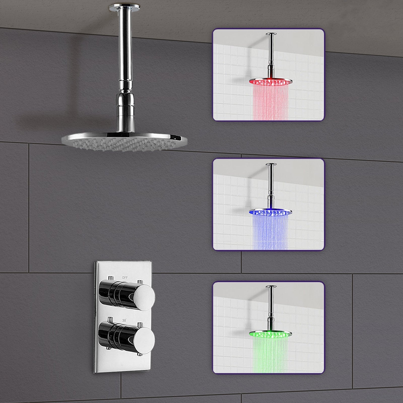 Lily Round Concealed Thermostatic Shower Valve Mixer Set LED Ceiling Head