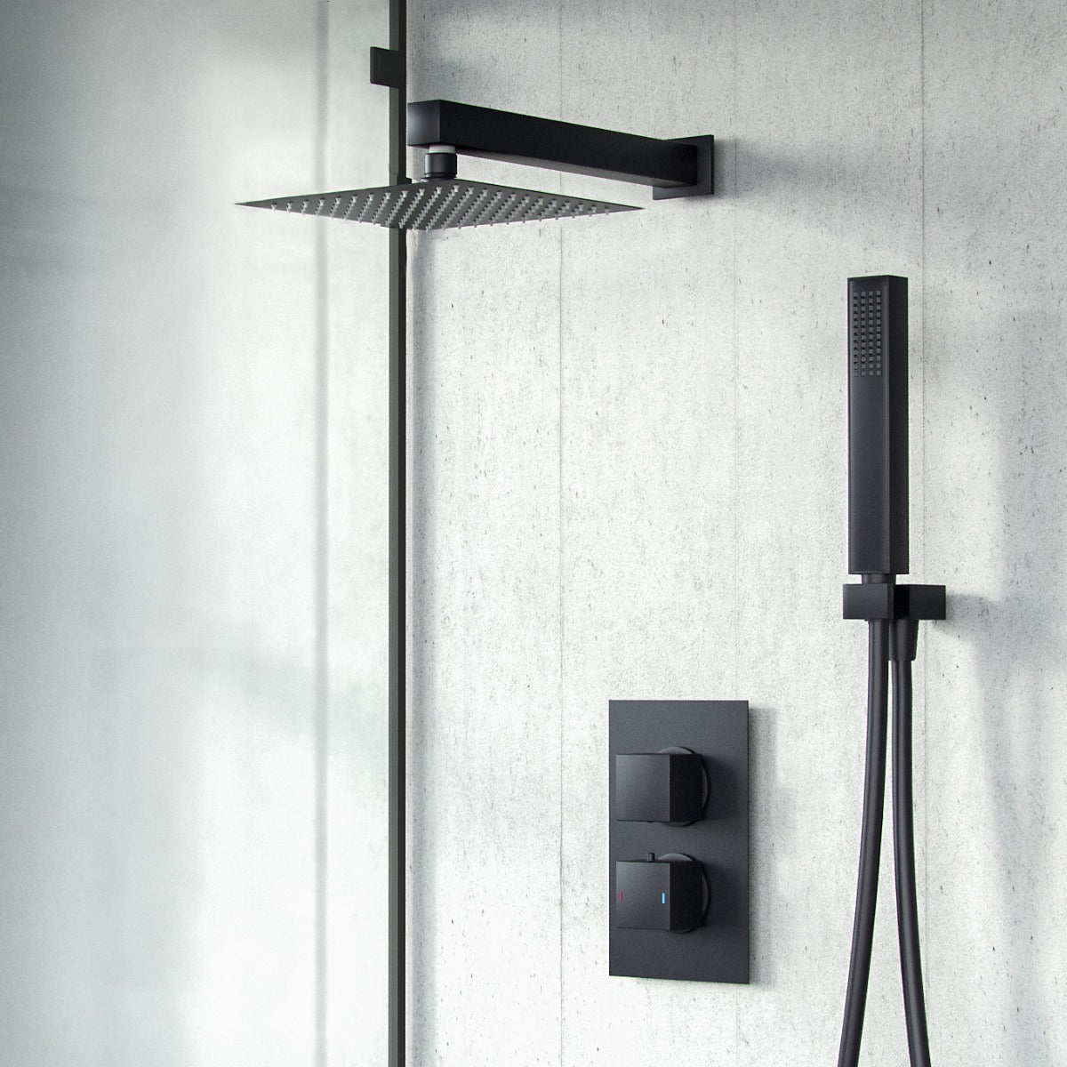 2 Dial 2 Way Matte Black Thermostatic Mixer Valve Shower Head Handset Shower Set