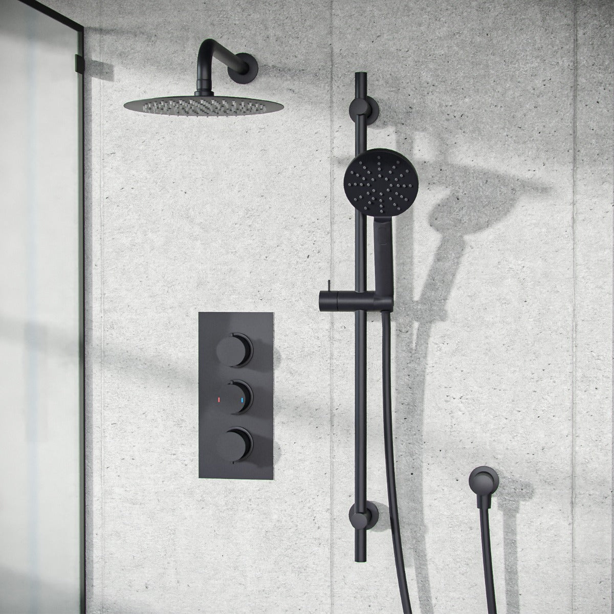 Temel 3 Dial 2 Way Concealed Thermostatic Shower Valve, Shower Head & Arm Set Matte Black